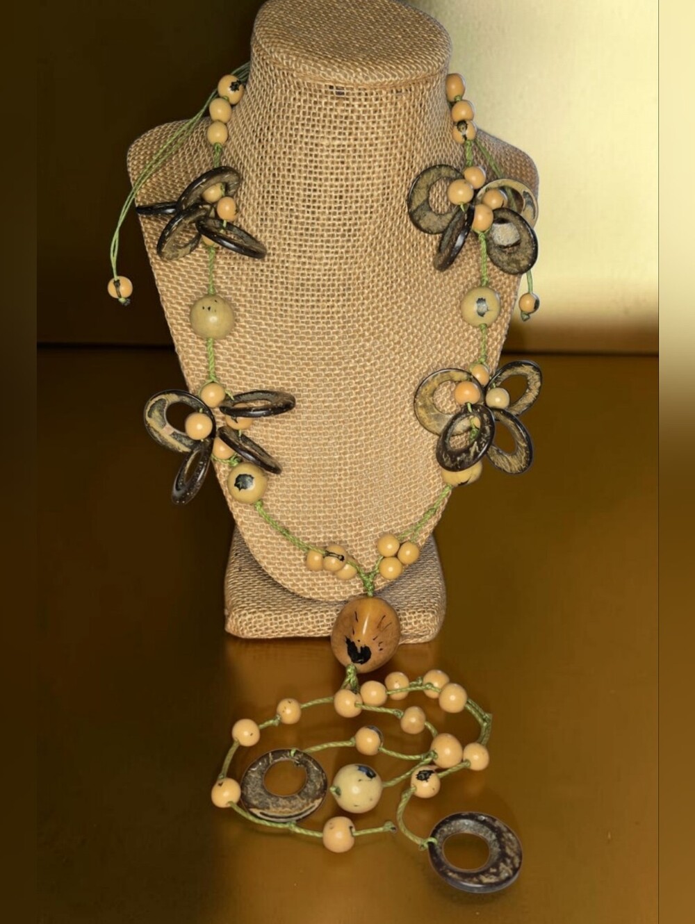Adjustable Tagua Nut and Carved Seed Statement Lariat Necklace